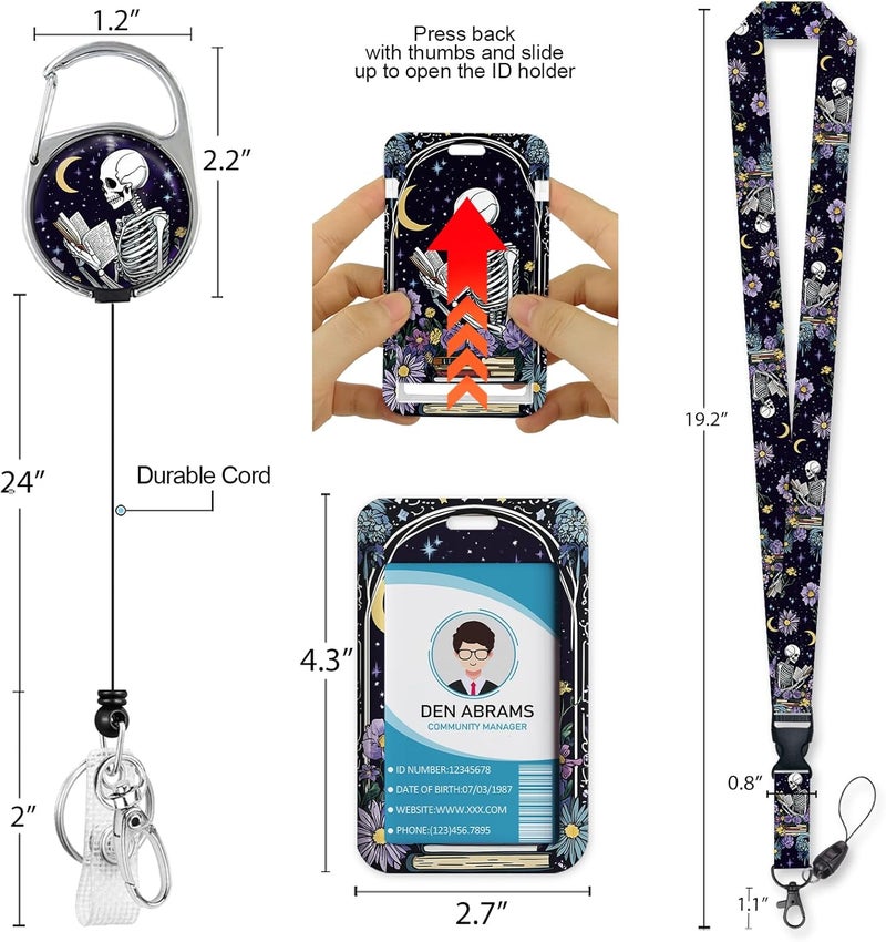 Piefly Lanyards for Id Badges, Funny Badge Holder with Retractable Badge Reel Clip, Skull Skeleton Reading Book Card Name Tag Lanyard Vertical ID Card Protector for Women Nurse Doctor Teacher Student - Image 5